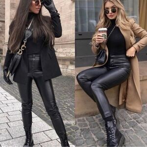 Zara Black Cropped faux leather pants size 8 NWT